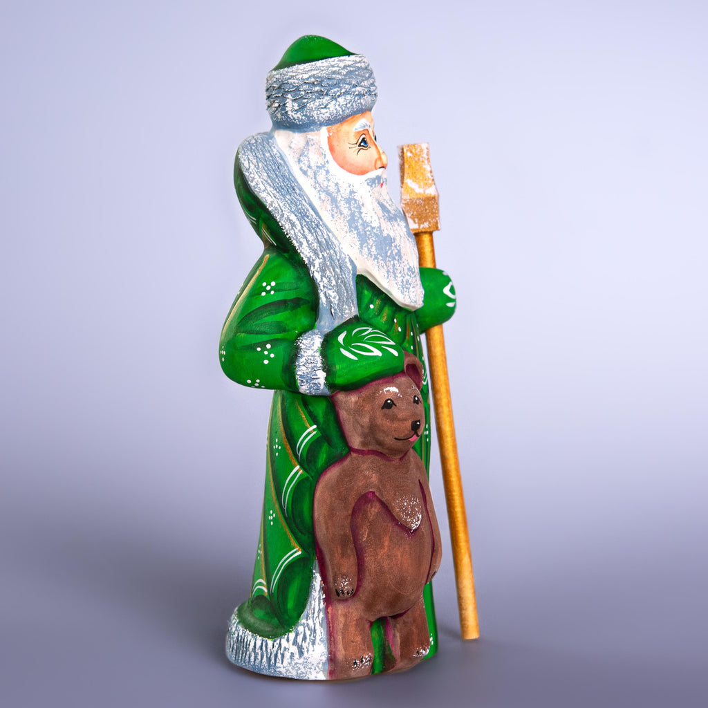 Hand Carved Wooden Santa and Bear Figurine: Rustic Christmas Decor