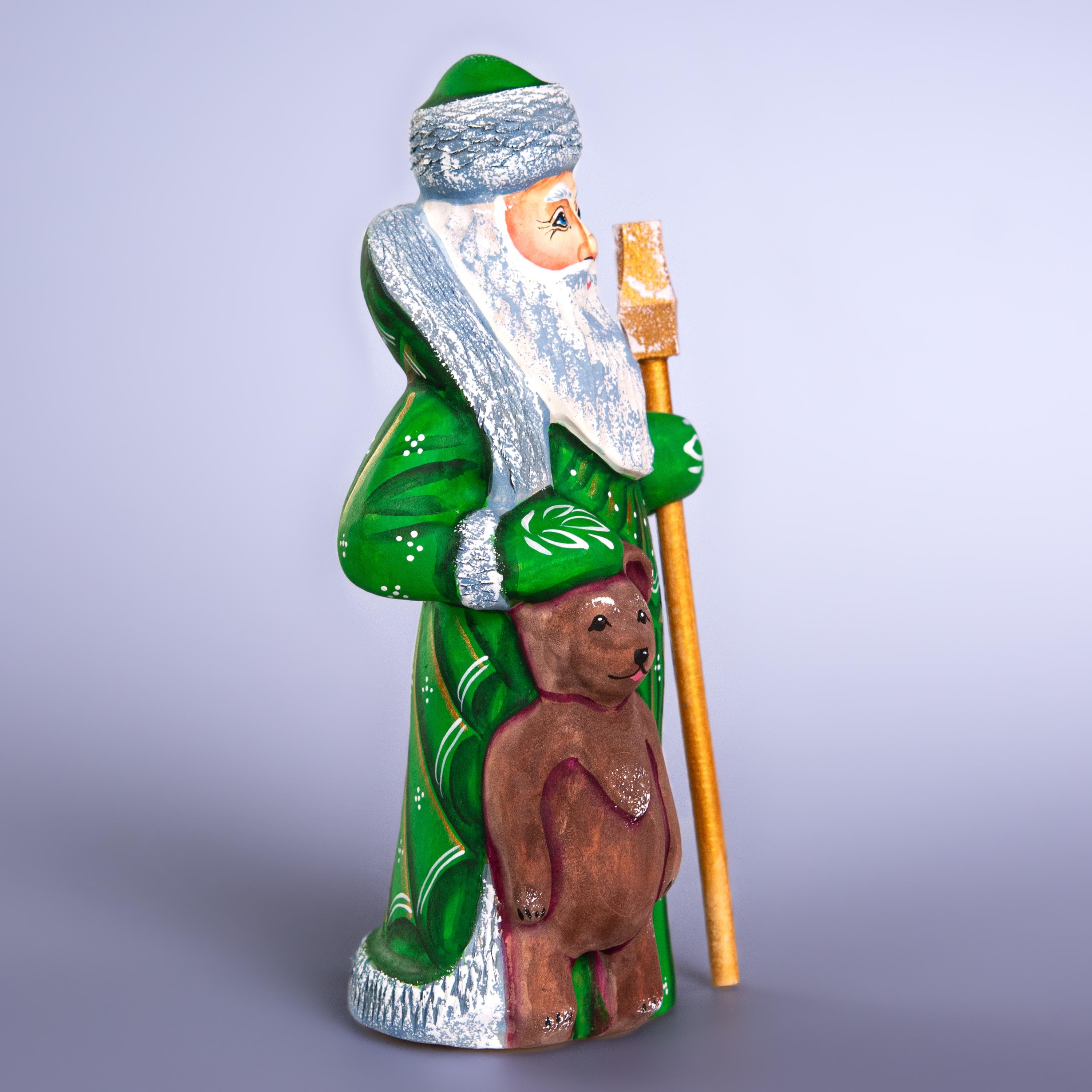 Hand Carved Wooden Santa and Bear Figurine: Rustic Christmas Decor