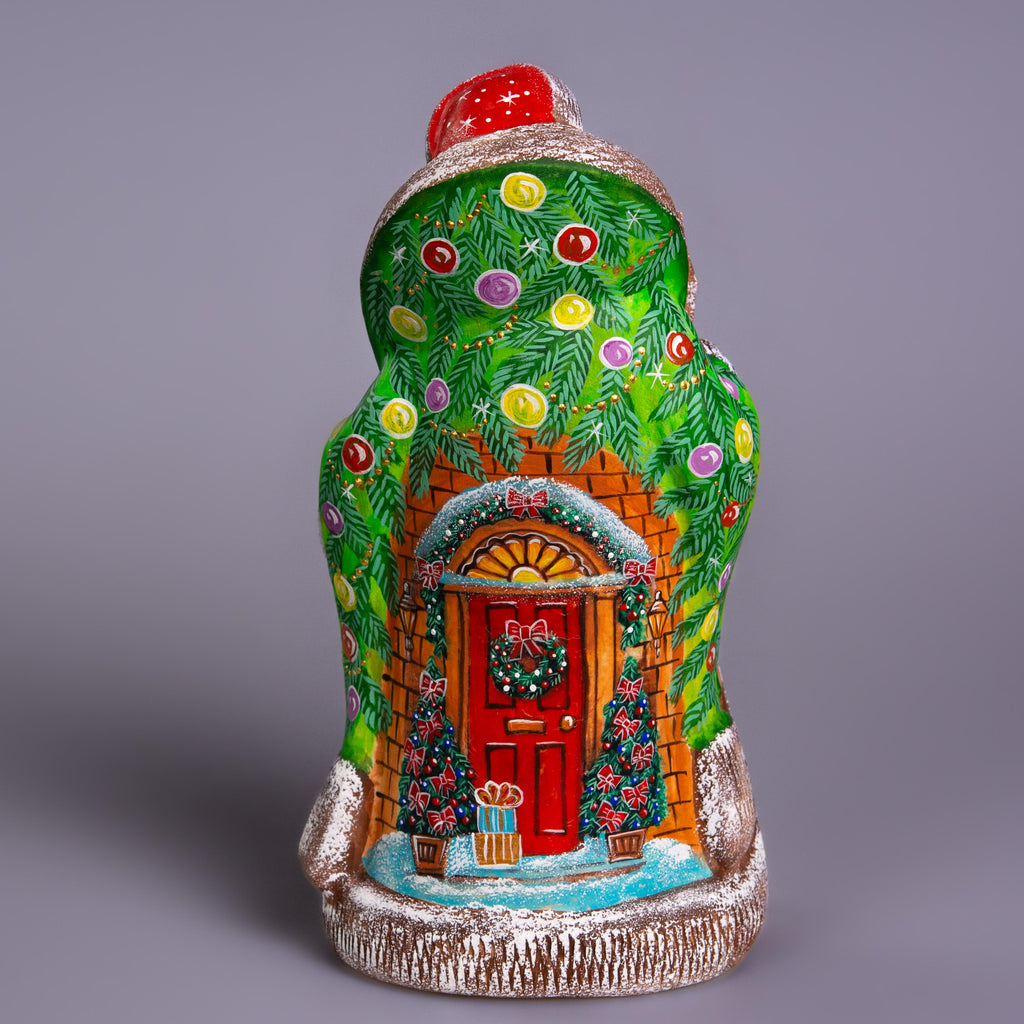 Hand Carved Wooden Santa Figurine: Green Coat, Christmas Holiday Door Scene