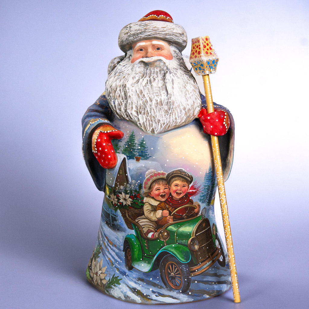 Hand Carved Wooden Santa Statue 14", Children in Green Car, Old World