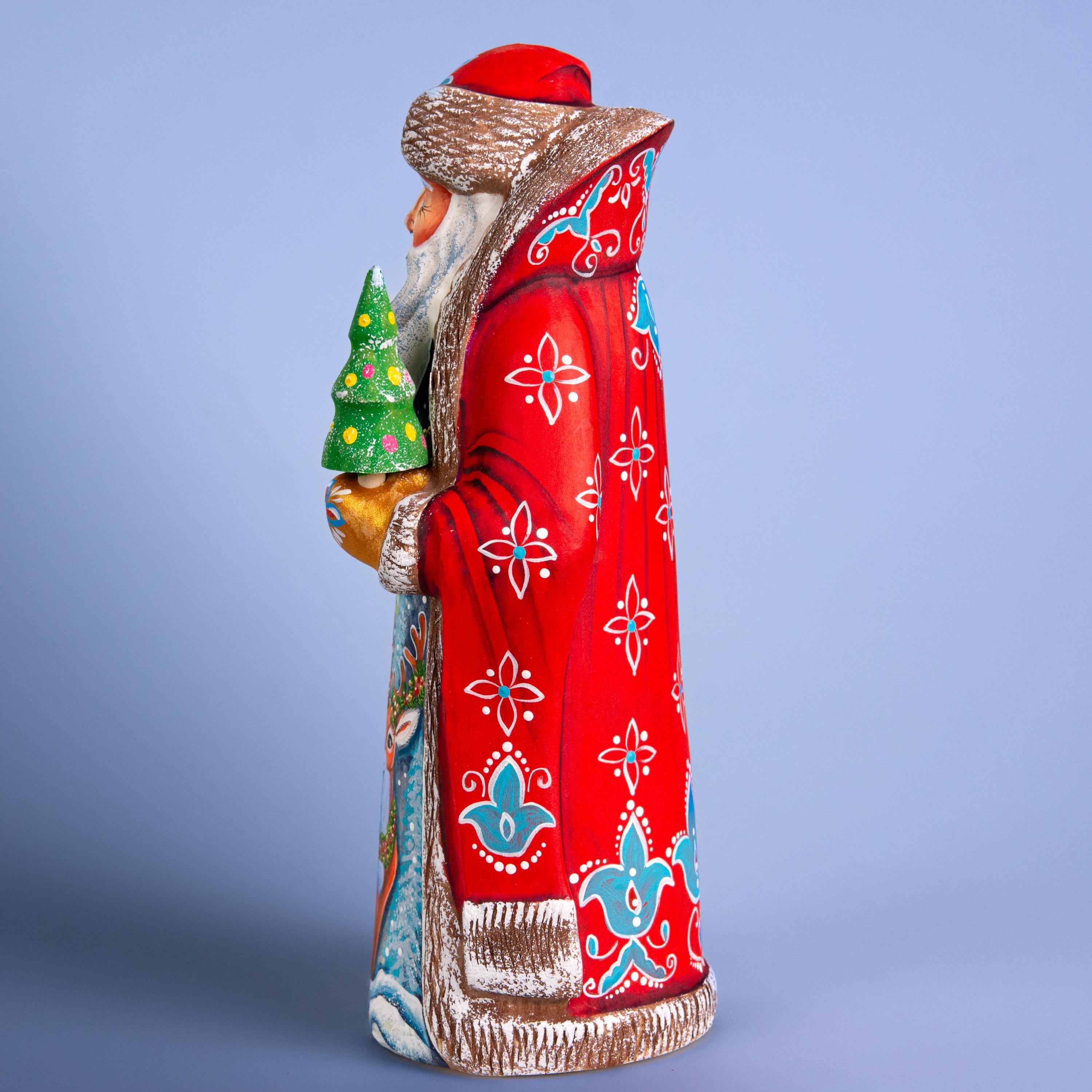Hand Carved Wooden Santa Figurine 9 inch, Red Coat, Reindeer Scene