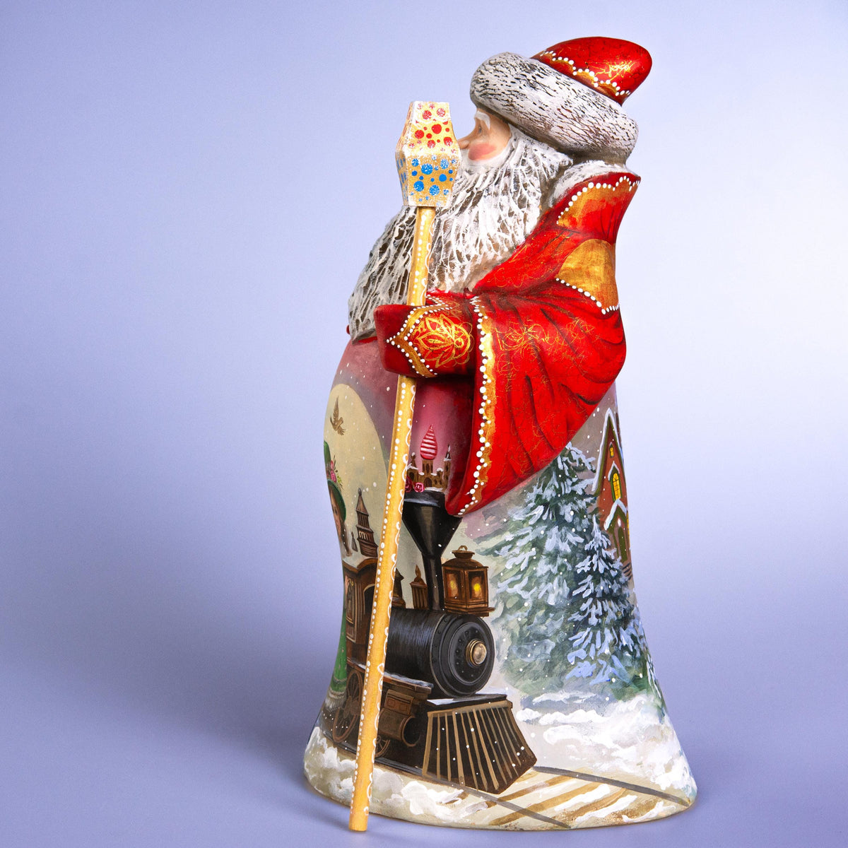 Hand-Carved Wooden Santa 14" with Christmas Train & Winter Village
