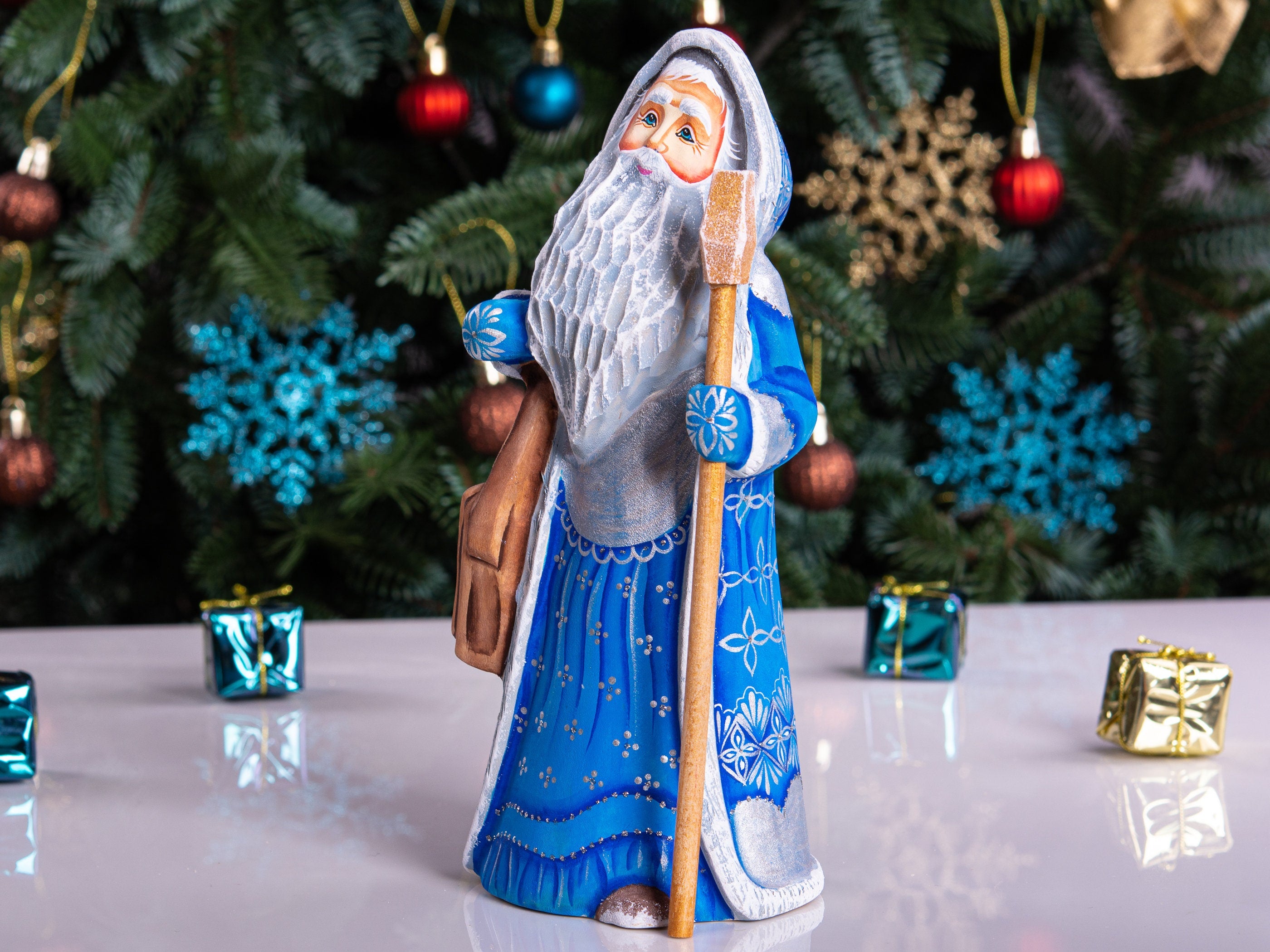 Hand carved Santa wooden figurine 9.1 inch with staff, satchel, heirloom mantel shelf decor