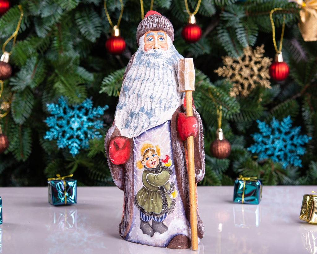 Hand carved Russian Santa 8.7 inch solid wood figurine, child scene