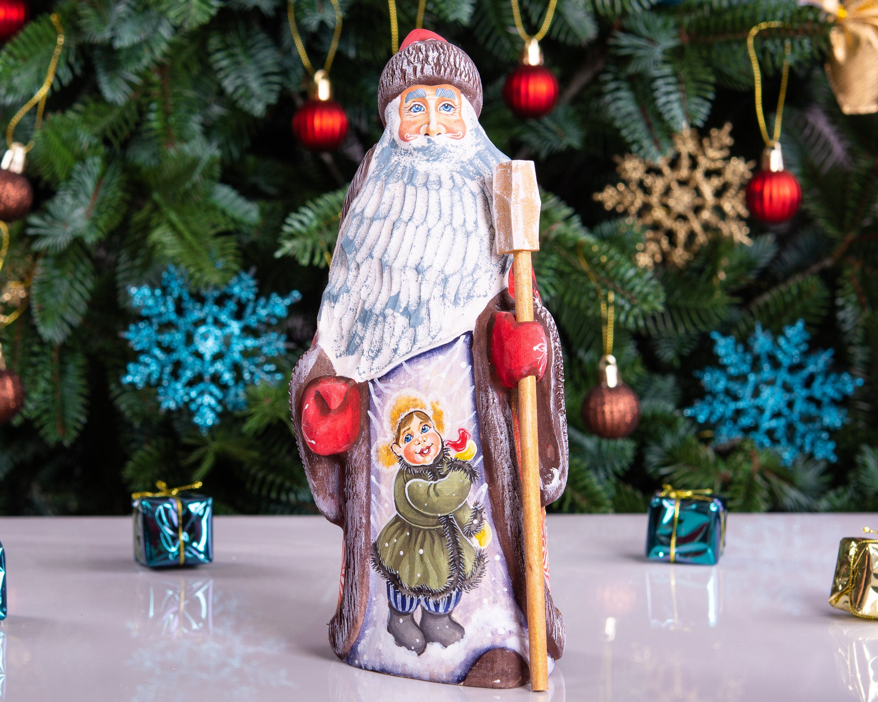 Hand carved Russian Santa 8.7 inch solid wood figurine, child scene