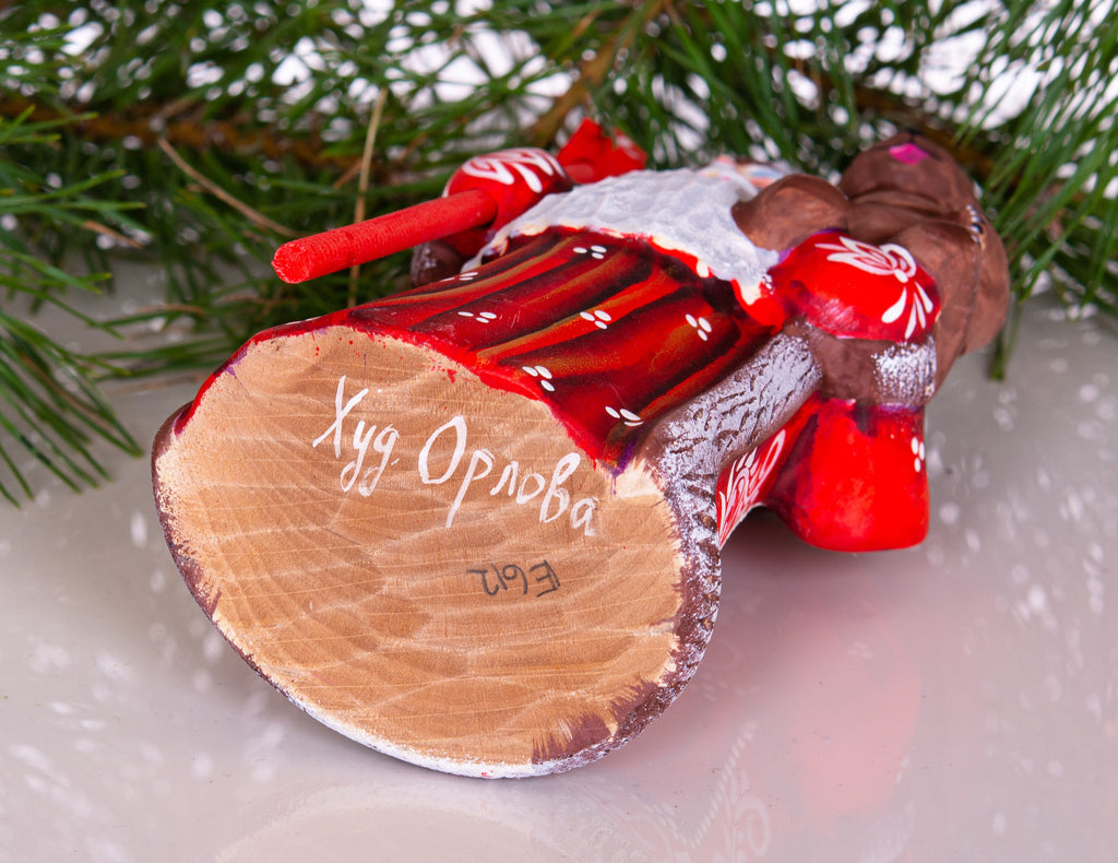Hand carved wooden Santa figurine 8.5 inch, holding bear, holiday shelf decor