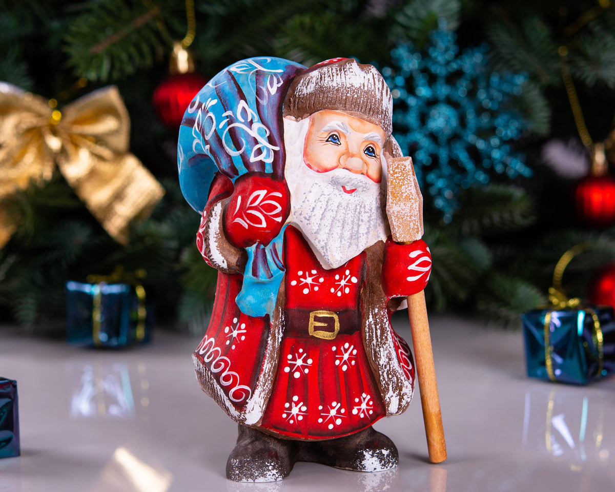 Mini Santa wooden figurine 5.7 inch, gift sack shelf decor