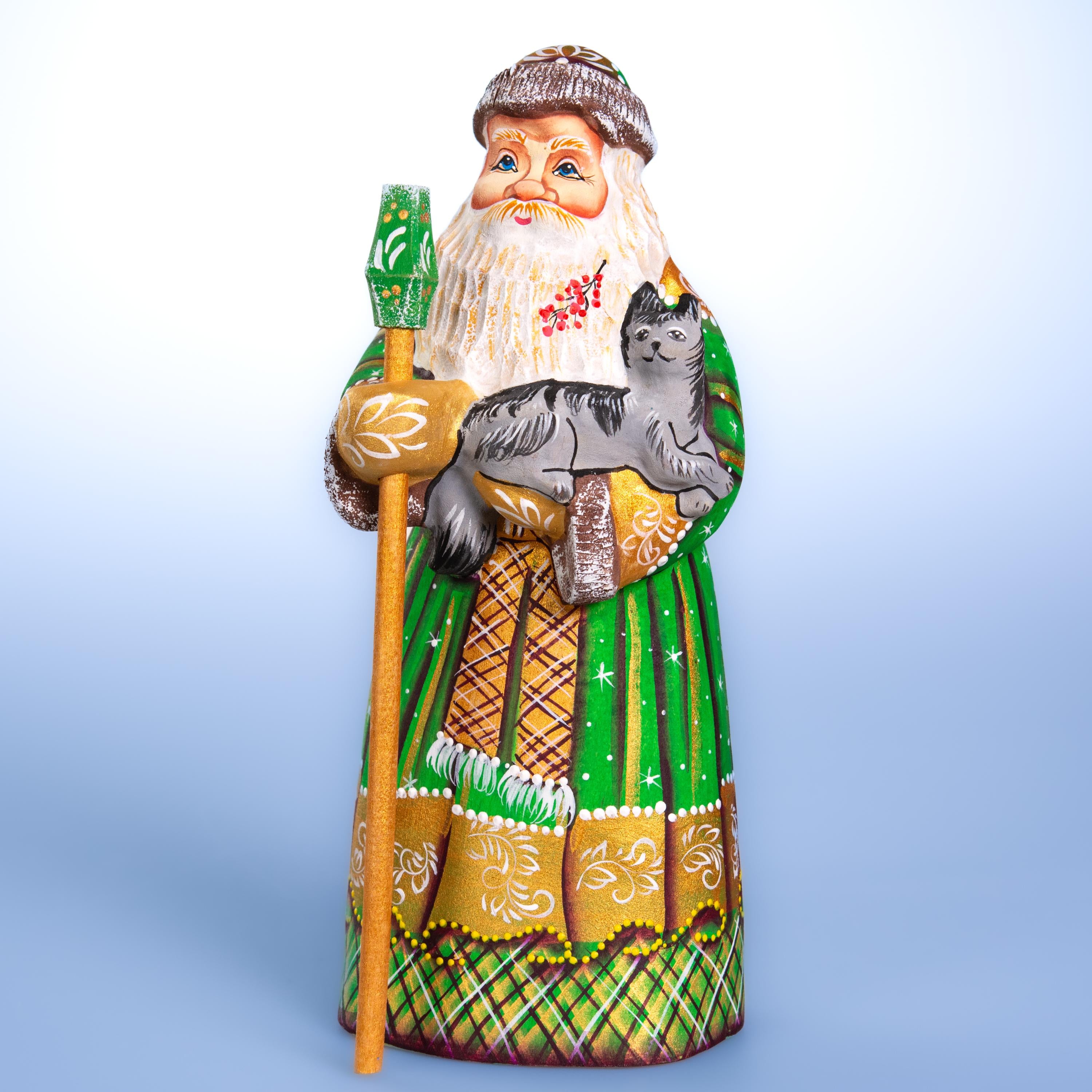 Kris Kringle wooden figurine 9 inch, green coat, cat lover gift