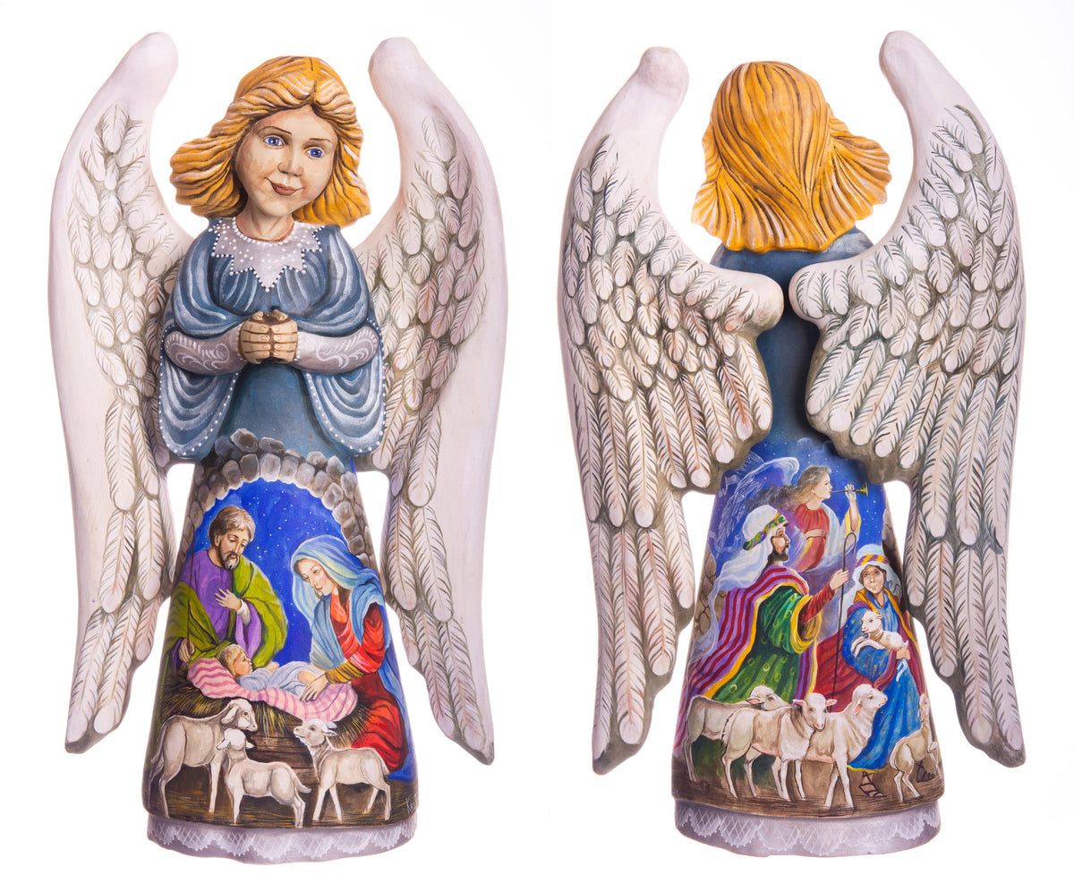 Hand carved angel figurine 12.9 inch, Holy Family Nativity, mantel display