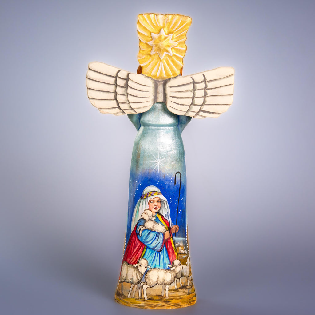 Hand carved wooden angel figurine 13 inch, Bethlehem star shepherds scene, mantel decor