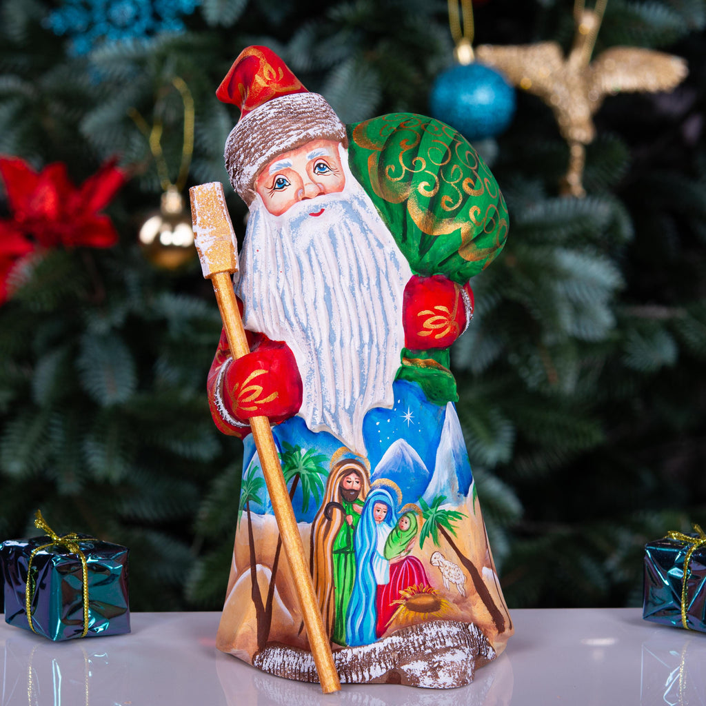 Nativity Santa wood statue 8 inch, Holy Family desert scene, religious shelf Christmas display