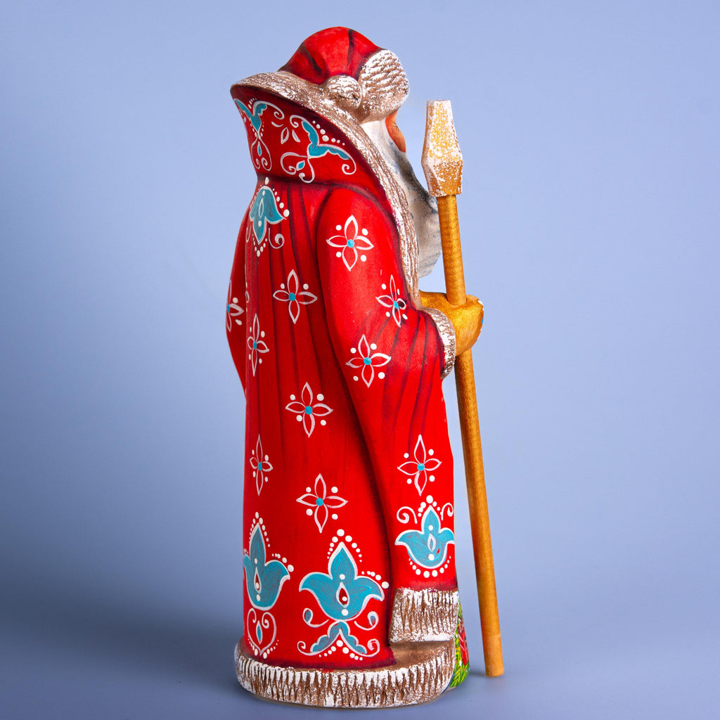 Hand Carved Wooden Santa Figurine 9 inch, Red Coat, Reindeer Scene