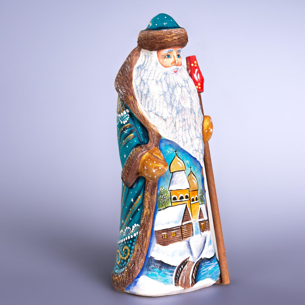 Hand Carved Santa Claus Figurine: Blue & Gold Winter Village Scene
