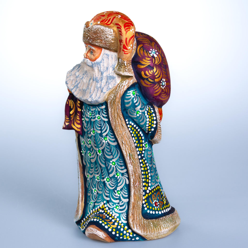 Old World Santa wooden figurine 9 inch, teal coat, shelf decor