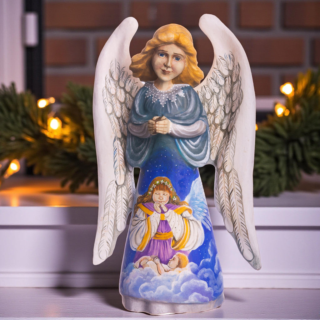 Hand painted angel figurine 9 inch, heavenly clouds scene mantel display