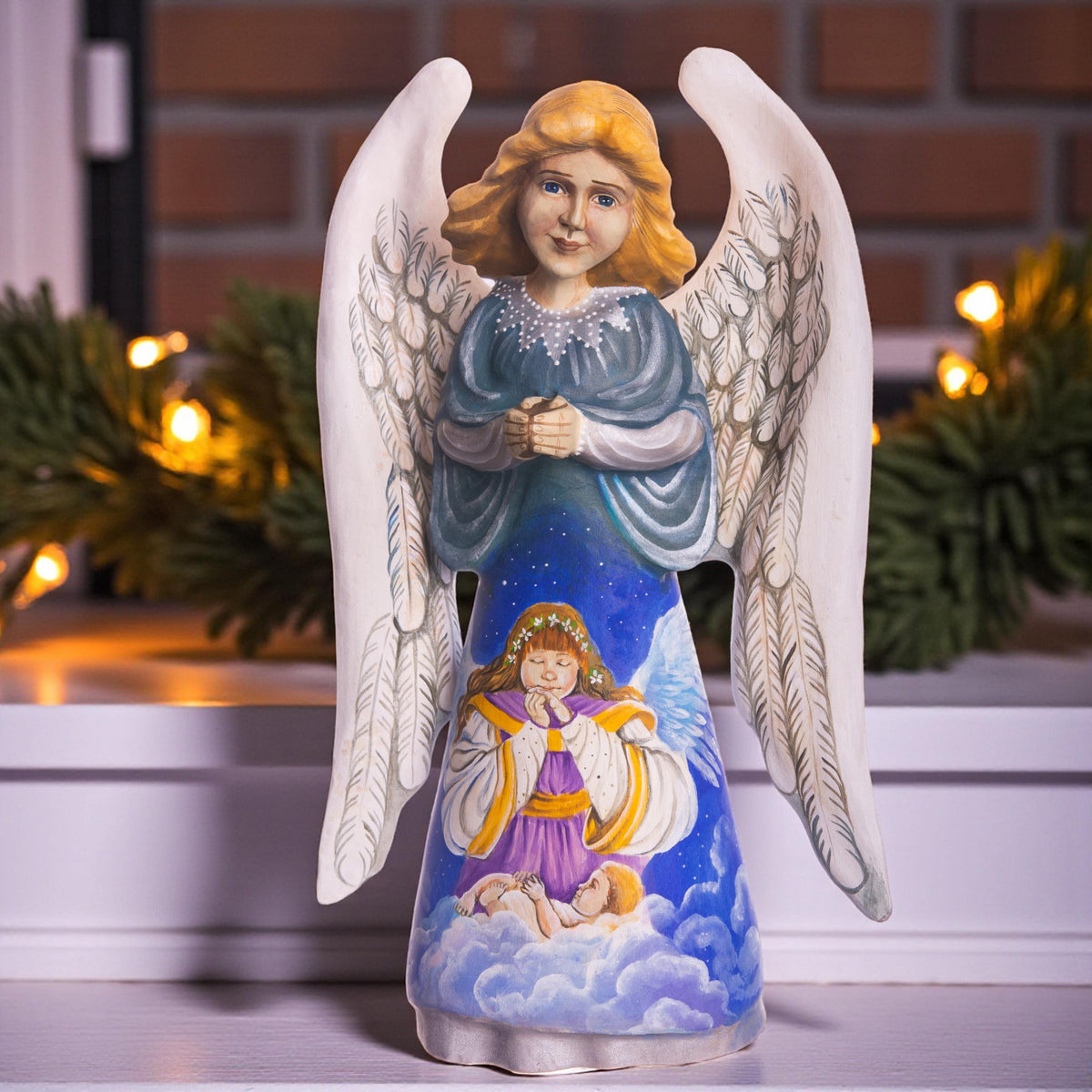 Hand painted angel figurine 9 inch, heavenly clouds scene mantel display
