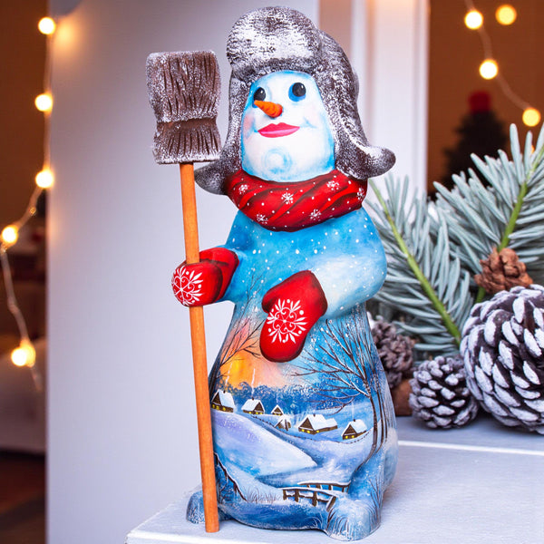 Old World snowman wood carving 9.1 inch, broom, mantel display