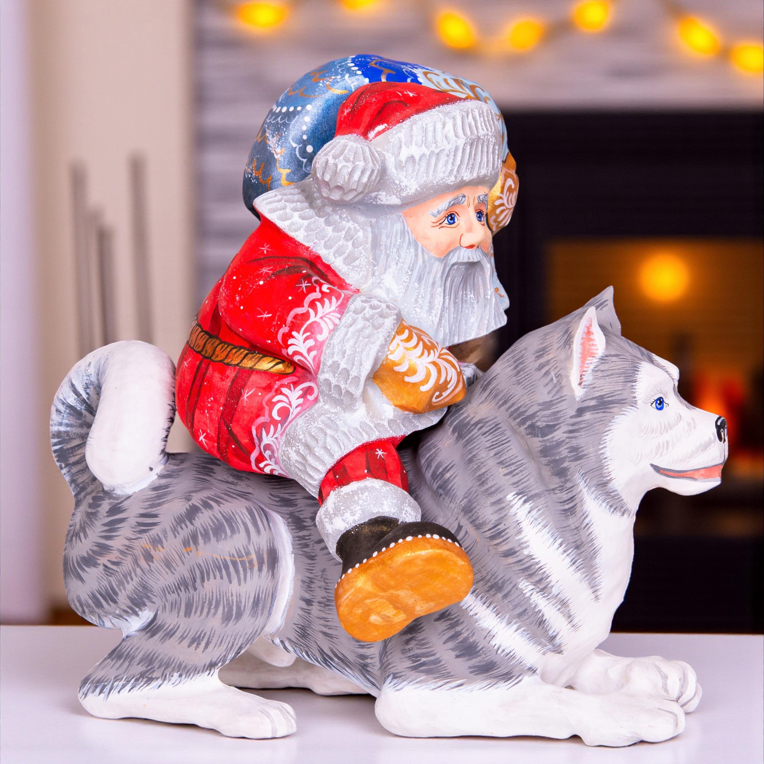Hand-Carved Santa Claus Figurine on Dog: Retro Christmas Decor