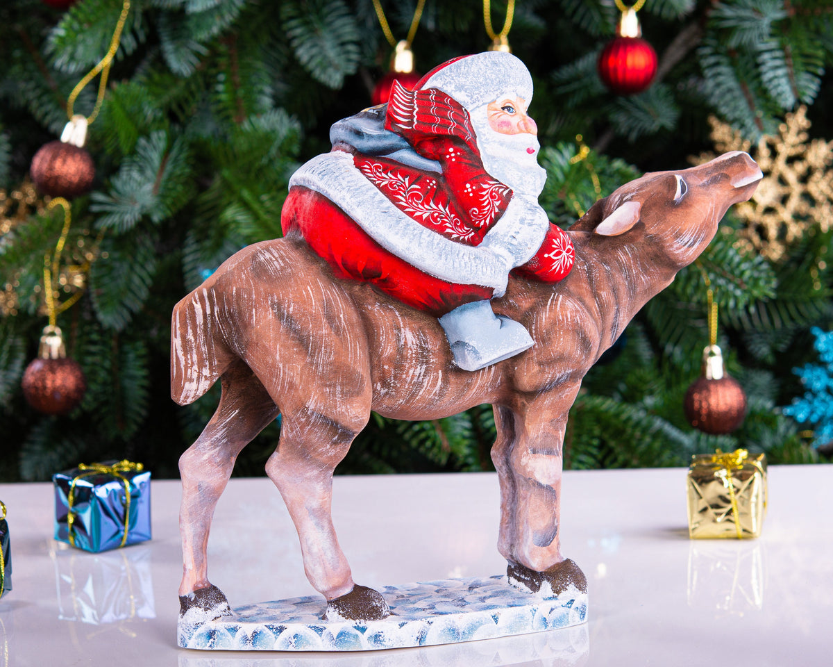 Hand carved wooden Santa riding reindeer figurine 8 inch, Nordic folk art centerpiece