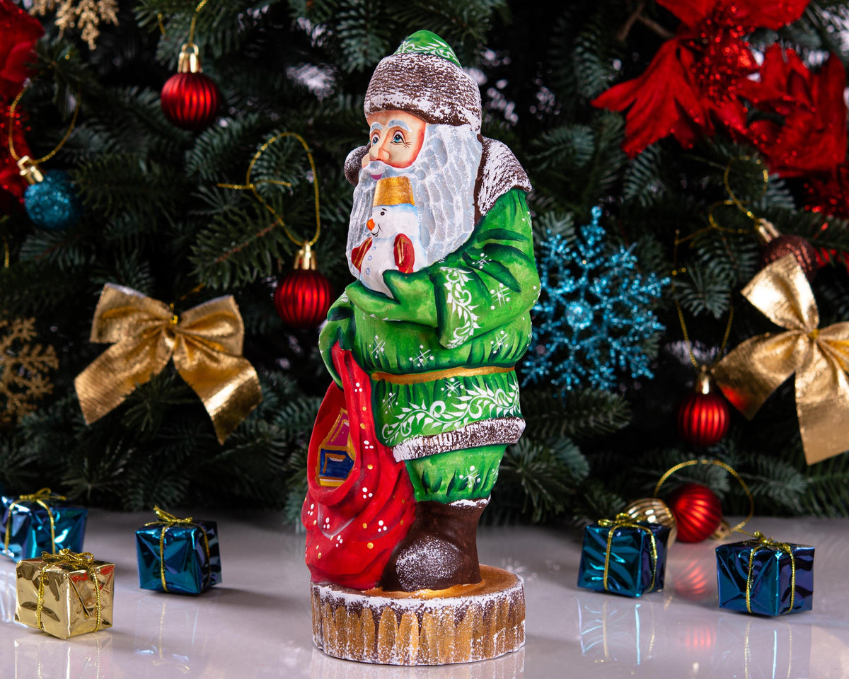 Collectible Santa figurine with snowman, folk art mantel decor, 10.2 inch