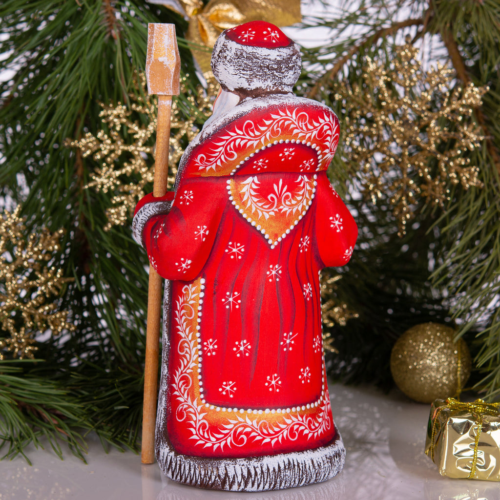 Hand carved Santa wooden figurine 8.3 inch, winter rabbit scene, Christmas mantel decor