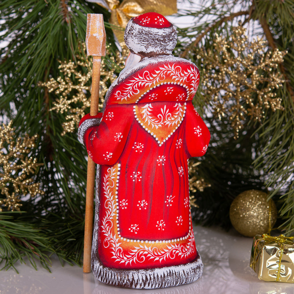 Hand carved Santa wooden figurine 8.3 inch, winter rabbit scene, Christmas mantel decor
