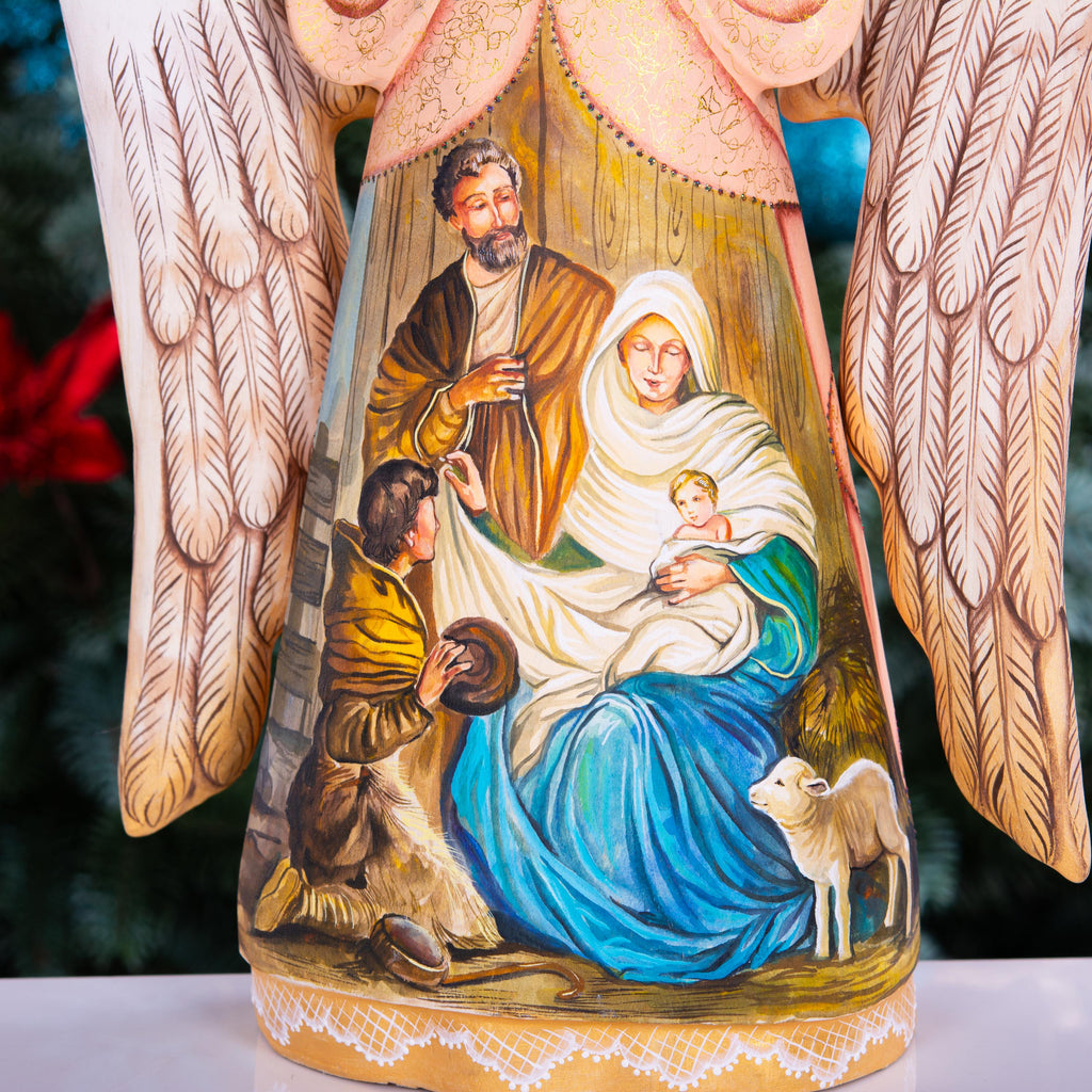 Hand Carved Wood Angel Statue: Nativity Art, Christian Decor