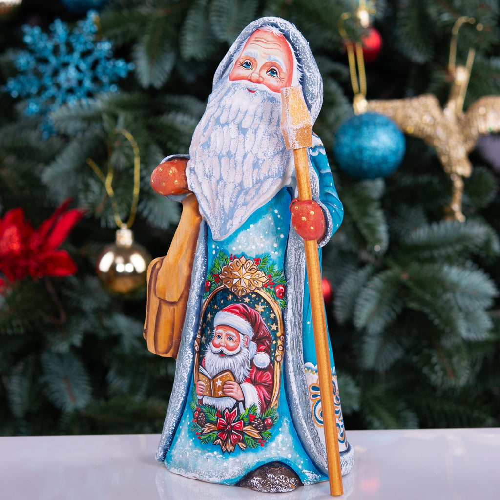 Wooden Santa Figurine Hand Carved 8.7" – Hooded Blue Father Christmas