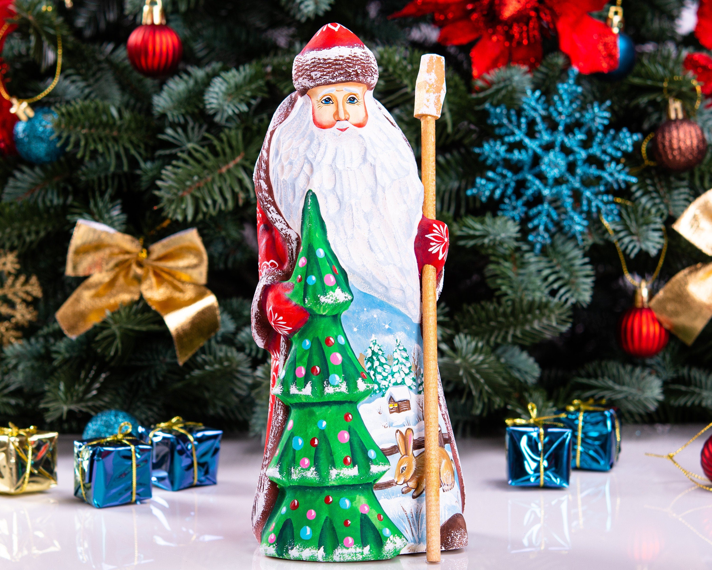 Hand-Carved Wooden Santa Claus Figurine: Retro Christmas Decor (9 inch)