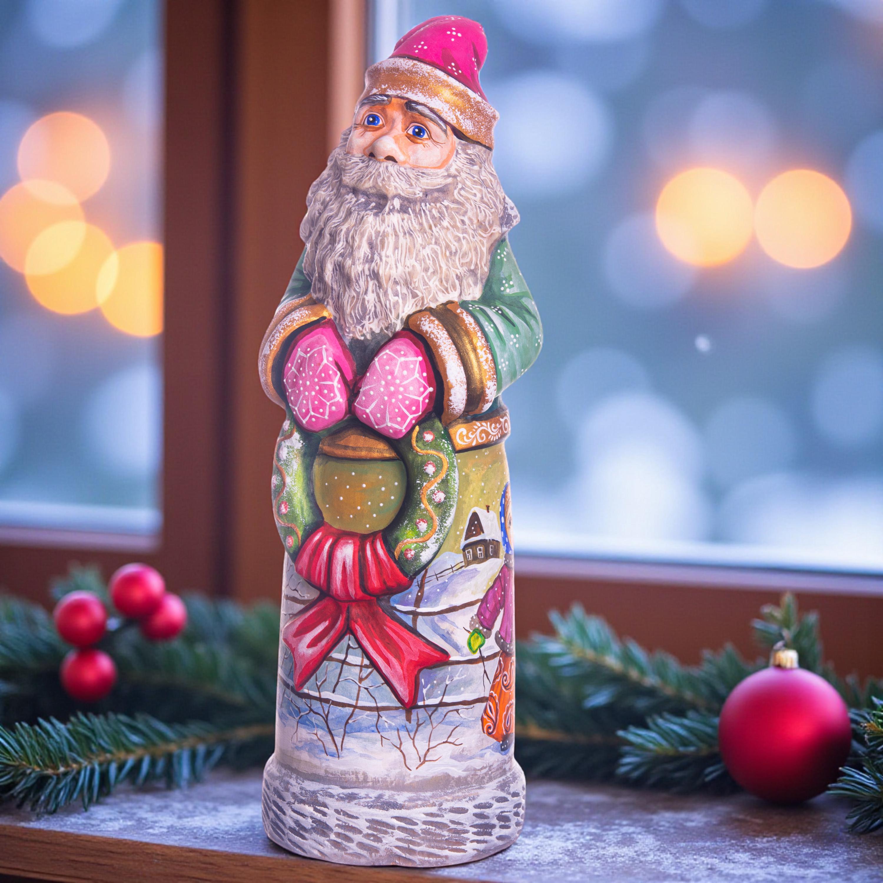 Hand carved green Santa wooden figurine 11 inch, children snowman scene