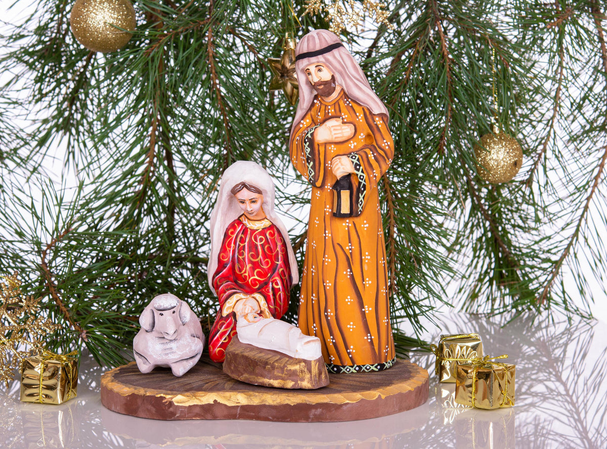 Wooden Holy Family figurine 9.4 inch, hand painted creche