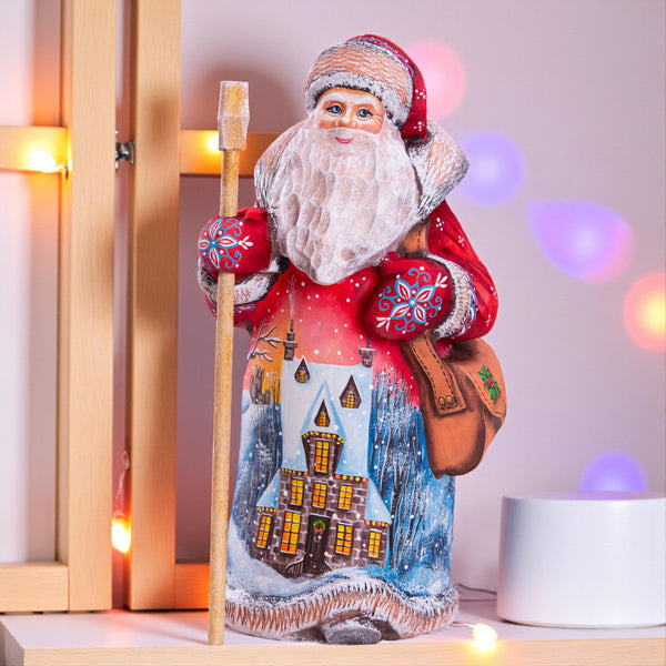 Red Santa Claus Figurine with Staff and Bag, Hand Painted Wood Christmas Decor with Snowy Landscape, Holiday Gift for Home or Collection