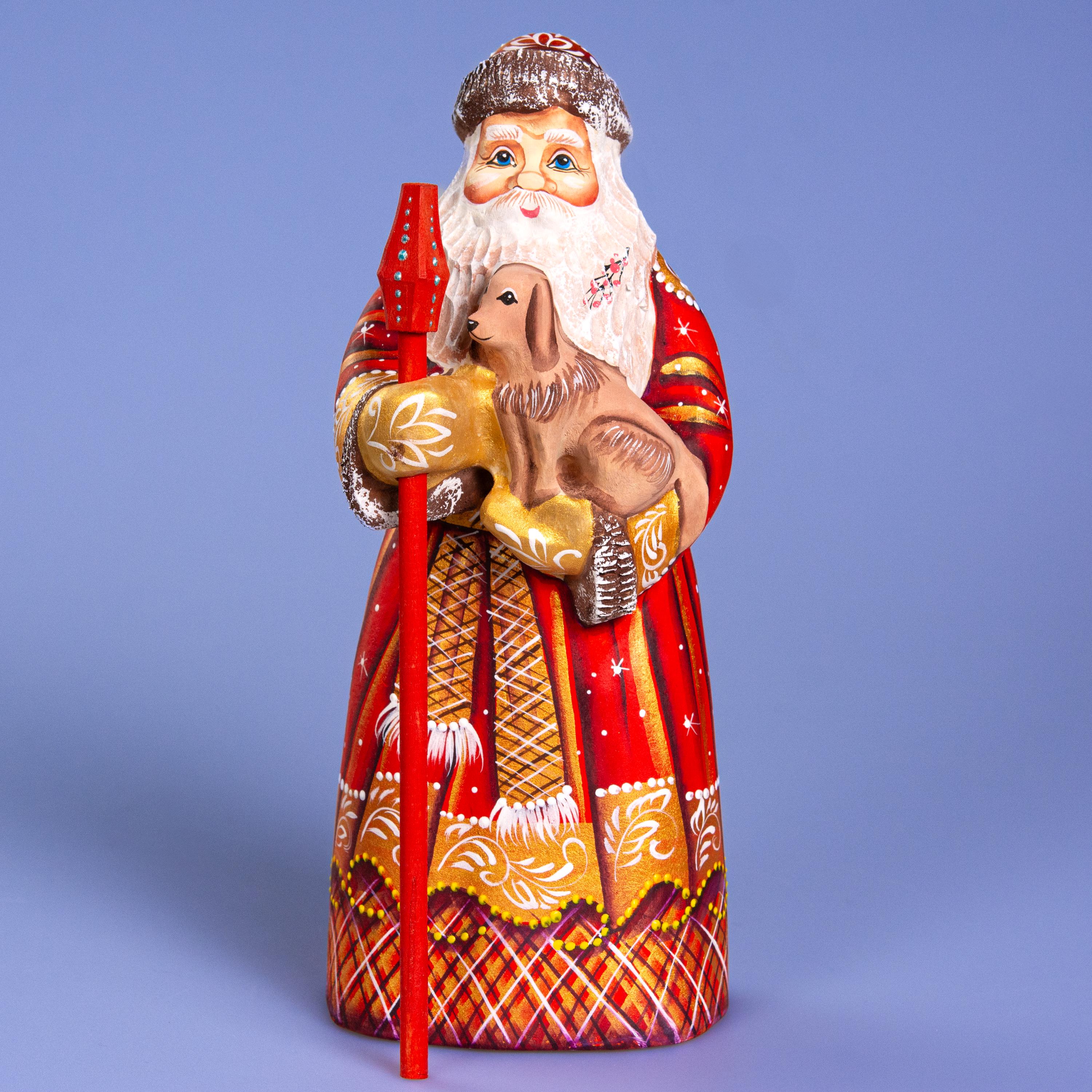 Hand Carved Wooden Santa Claus Figurine with Dog: Hand-Painted Christmas Decor