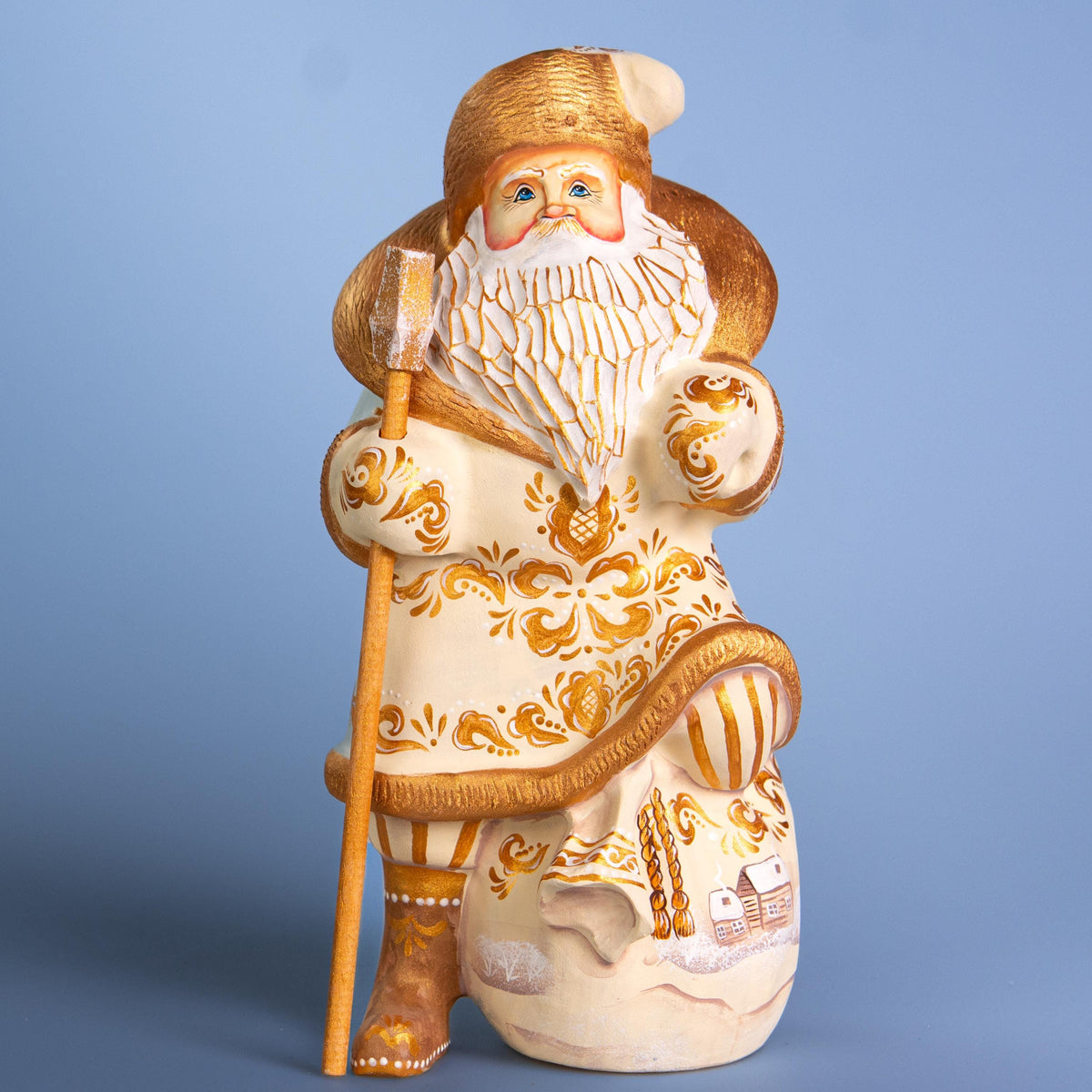 Hand carved Santa wooden statue 9.5 inch, gift sack scene