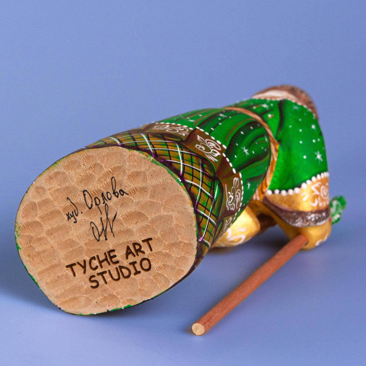 Santa with Dog Figurine 9", Green Coat, Hand Painted Wood