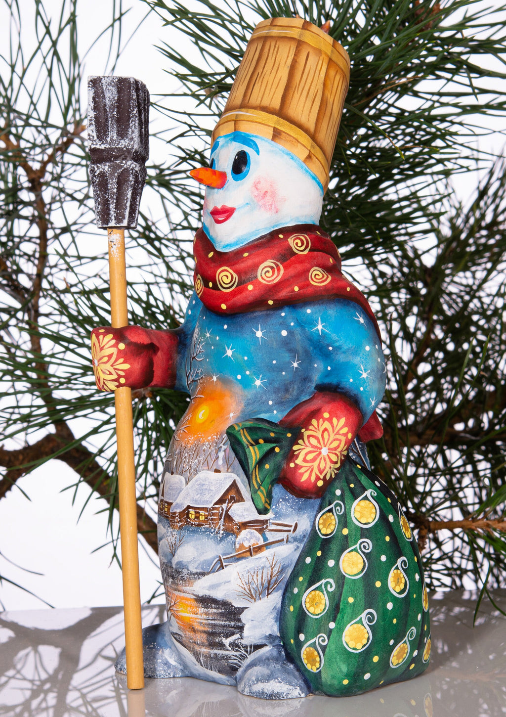 Christmas snowman wood figurine 8 inch, snowy cottage artwork, festive table centerpiece