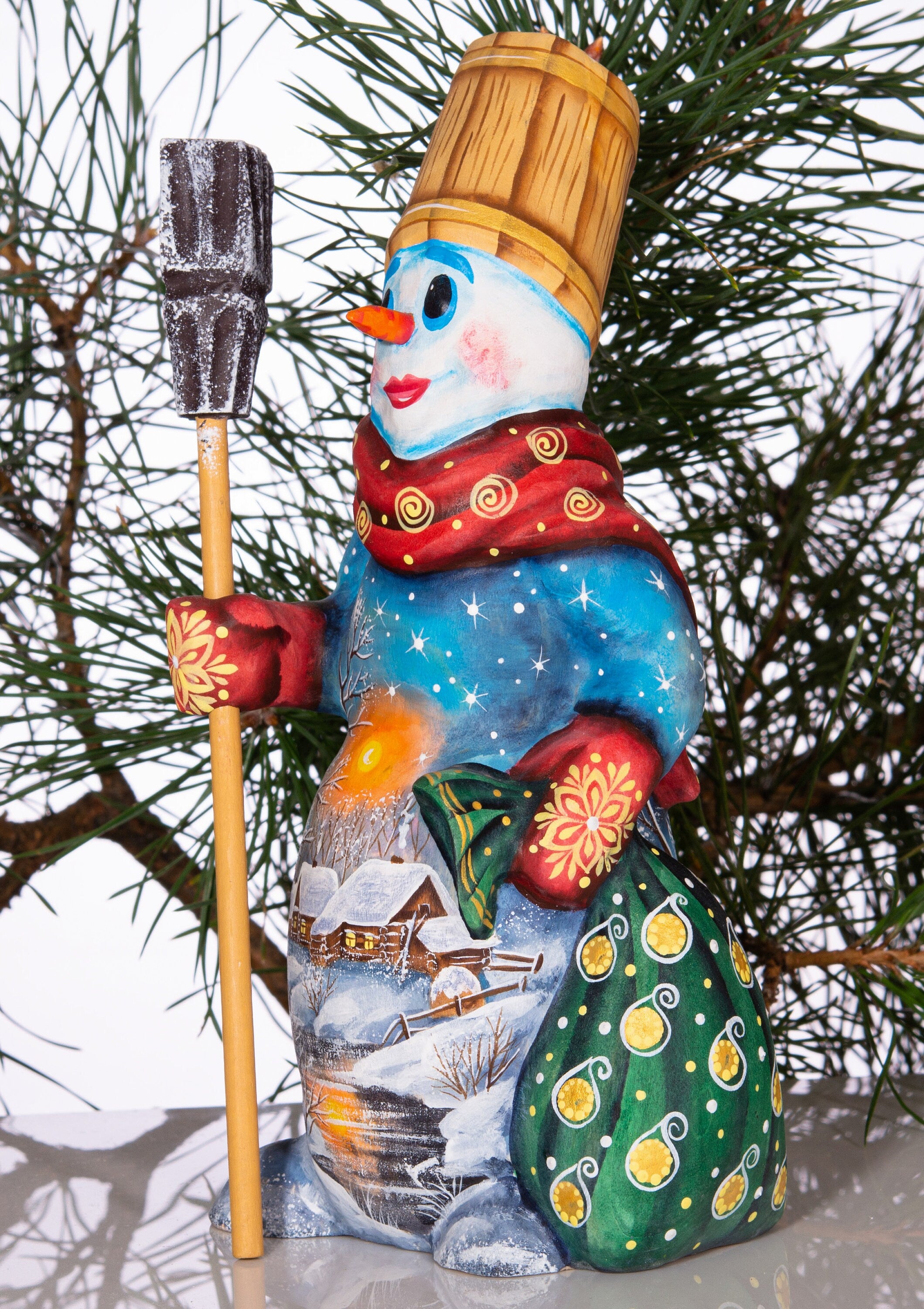 Christmas snowman wood figurine 8 inch, snowy cottage artwork, festive table centerpiece