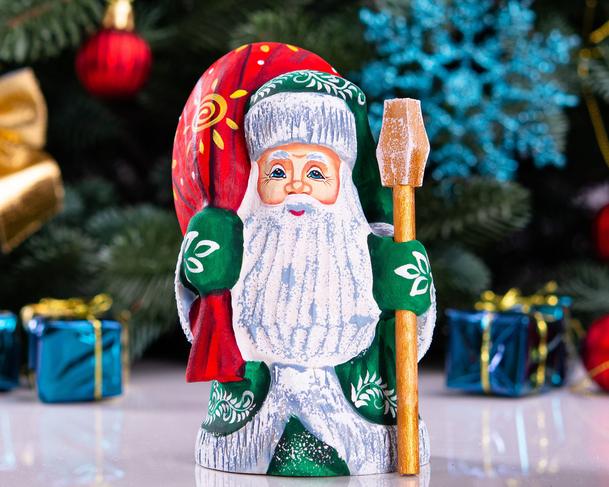 Hand carved green Santa wooden figurine 5 inch, folk art mantel decor
