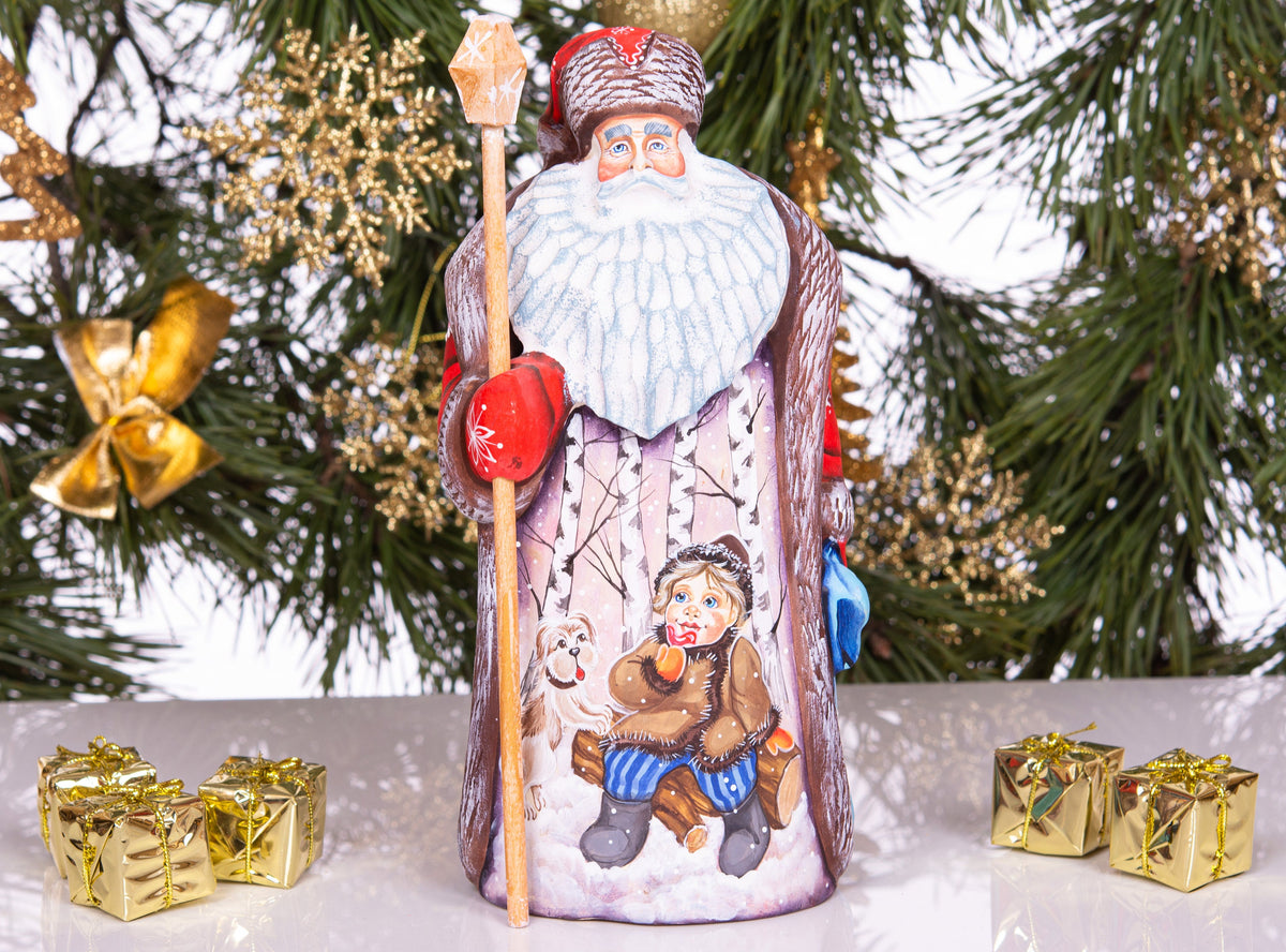 Hand Carved Wood Santa Figurine 9 inch: Child, Dog, Winter Scene