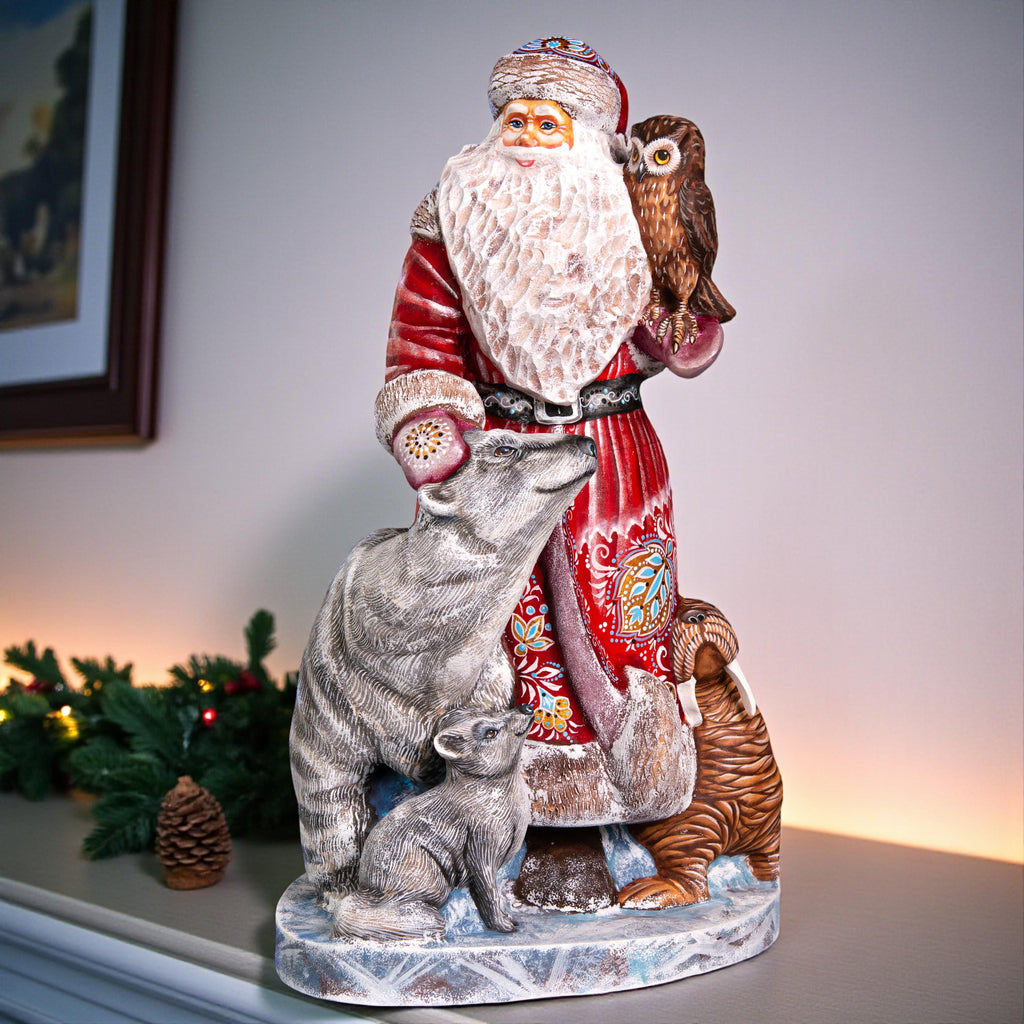 Hand Carved Wooden Santa Figurine 13.8 inch, Arctic Animals, Polar Bear, Walrus, Owl
