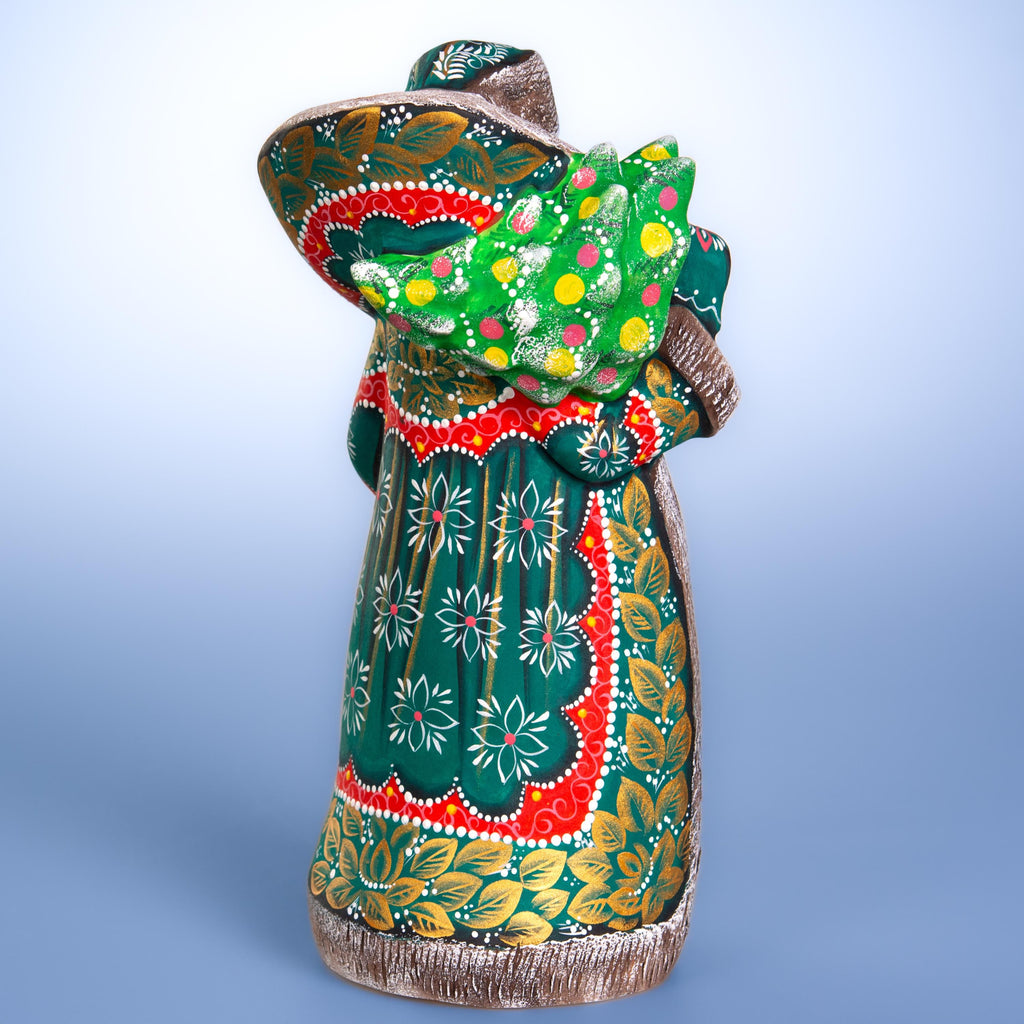 Old World Santa figurine 10.2 inch, carved wood, emerald coat, holiday shelf decor
