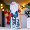 Hand carved Santa wooden figurine 9 inch, rabbits and lantern scene