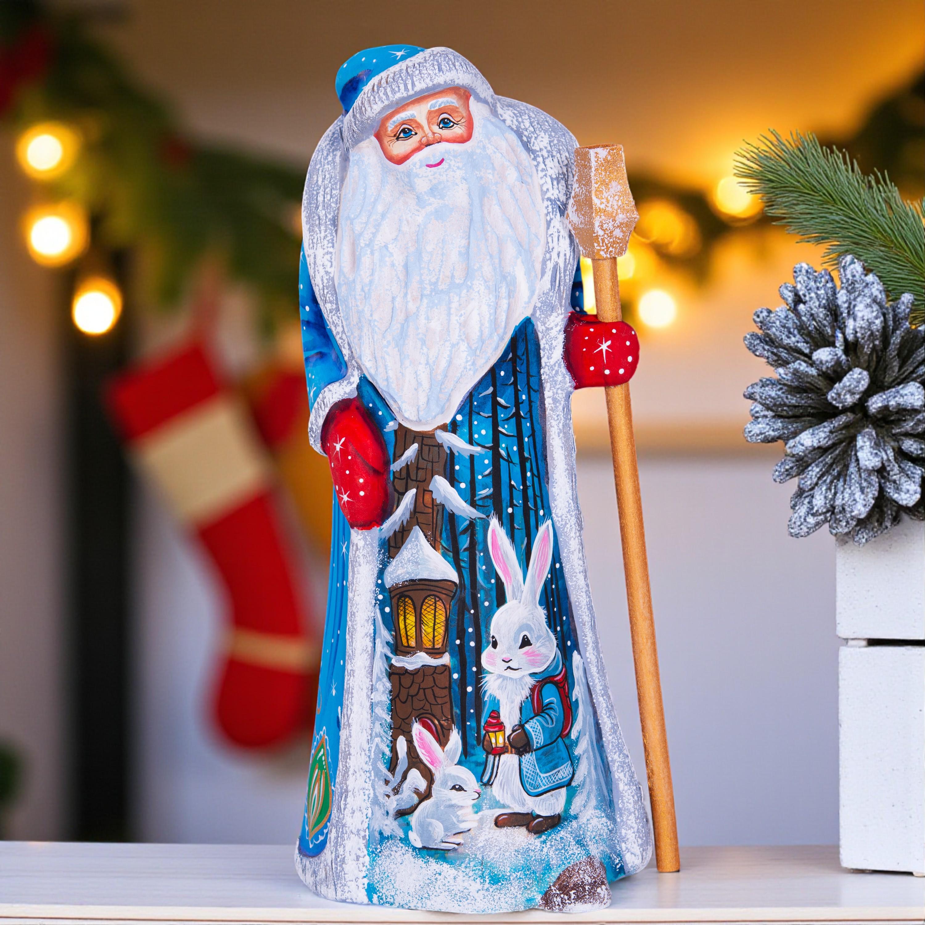 Hand carved Santa wooden figurine 9 inch, rabbits and lantern scene