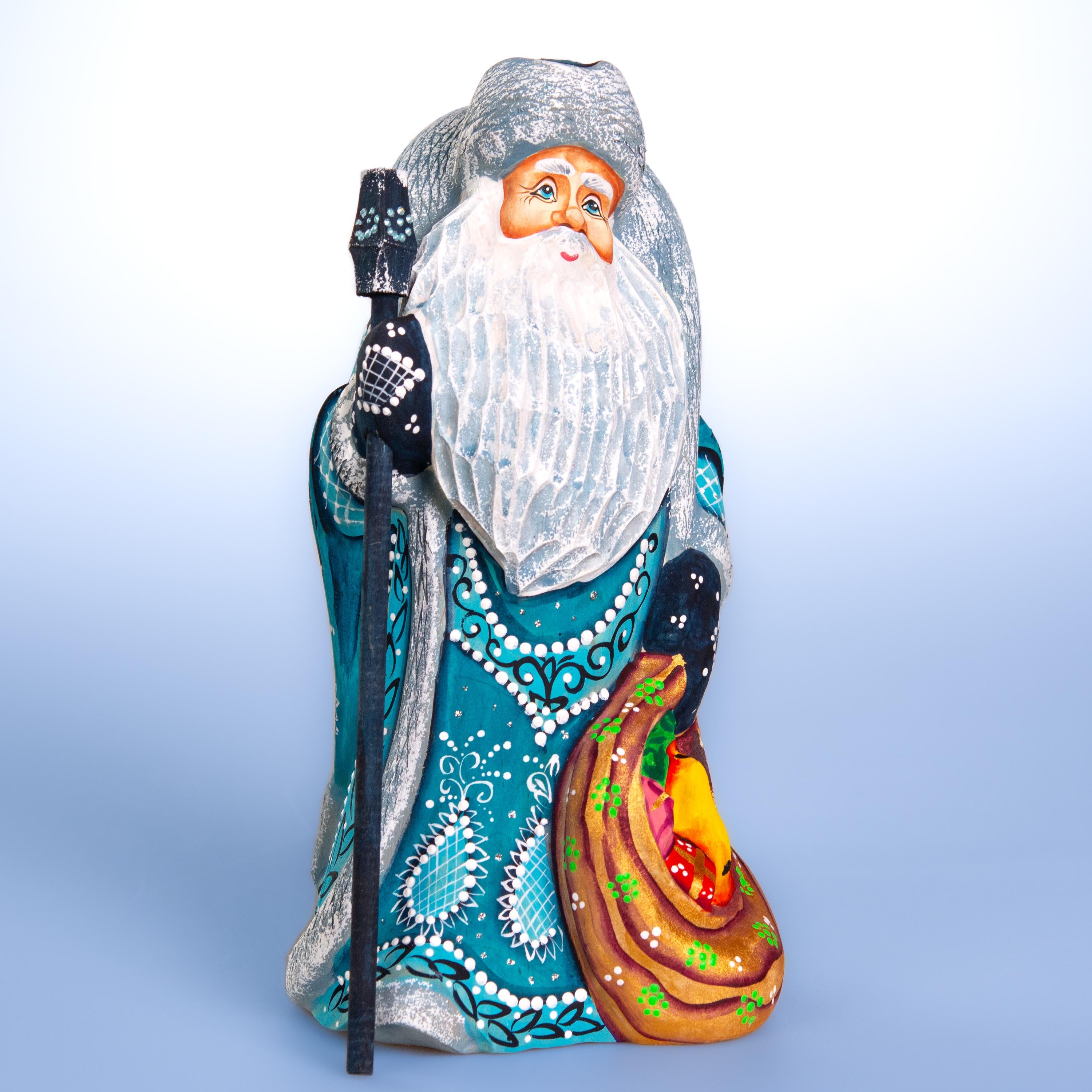 Hand carved teal Santa wooden figurine 9.1 inch, toy sack, mantel decor