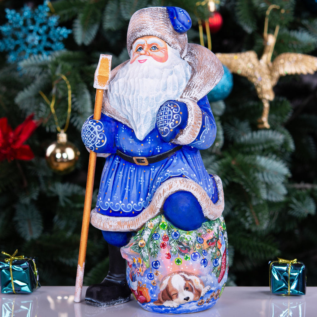 Blue Santa wooden figurine 9.5 inch, hand carved Christmas mantel display decor
