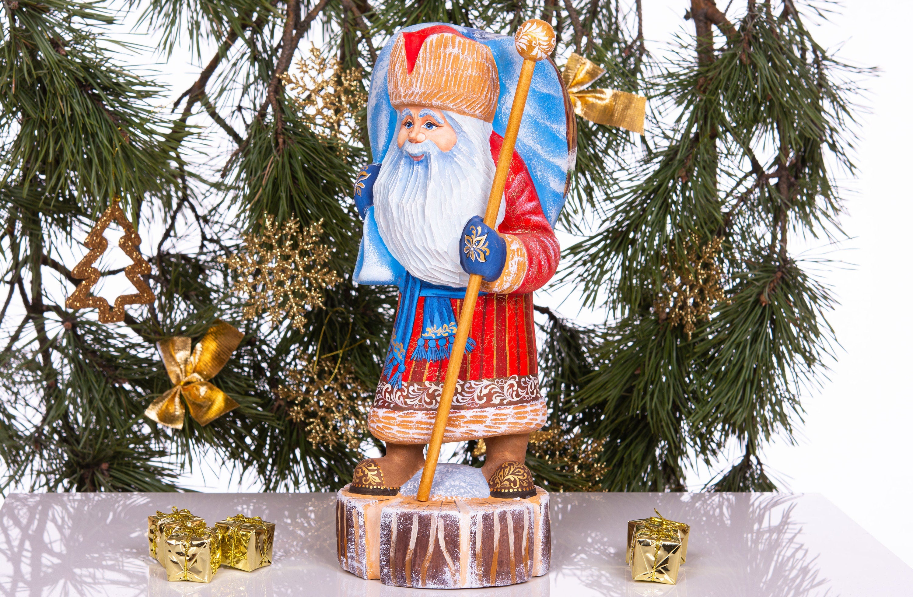 Hand carved wooden Santa figurine 13.8 inch, winter woodland animals artwork, mantel decor