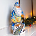 Hand Carved Wooden Santa Figurine 7", Blue Coat, Lantern, Old World