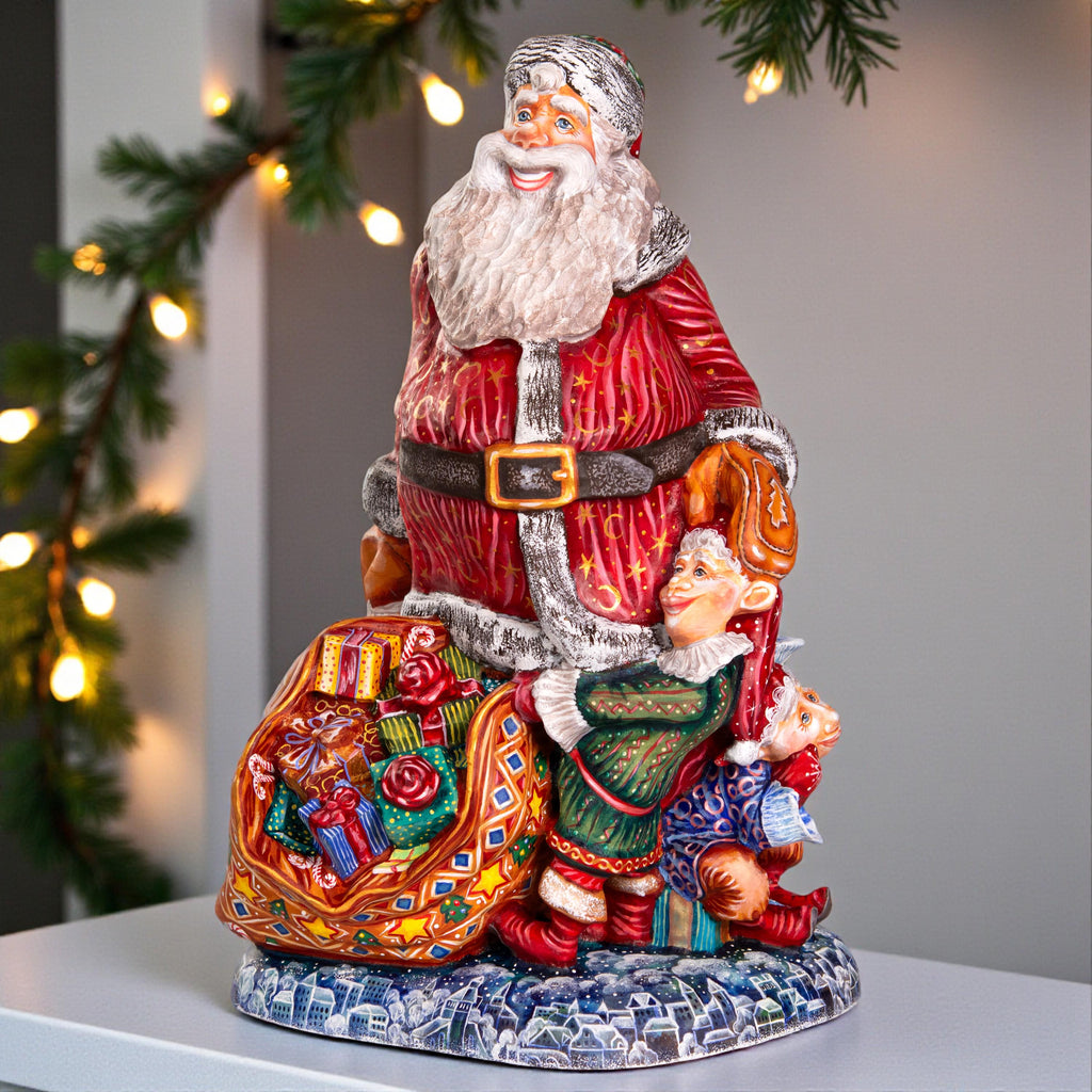 Hand carved wooden Santa figurine 14 inch, elves, mantel decor