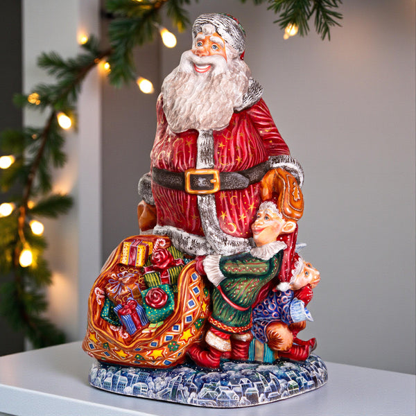 Hand carved wooden Santa figurine 14 inch, elves, mantel decor