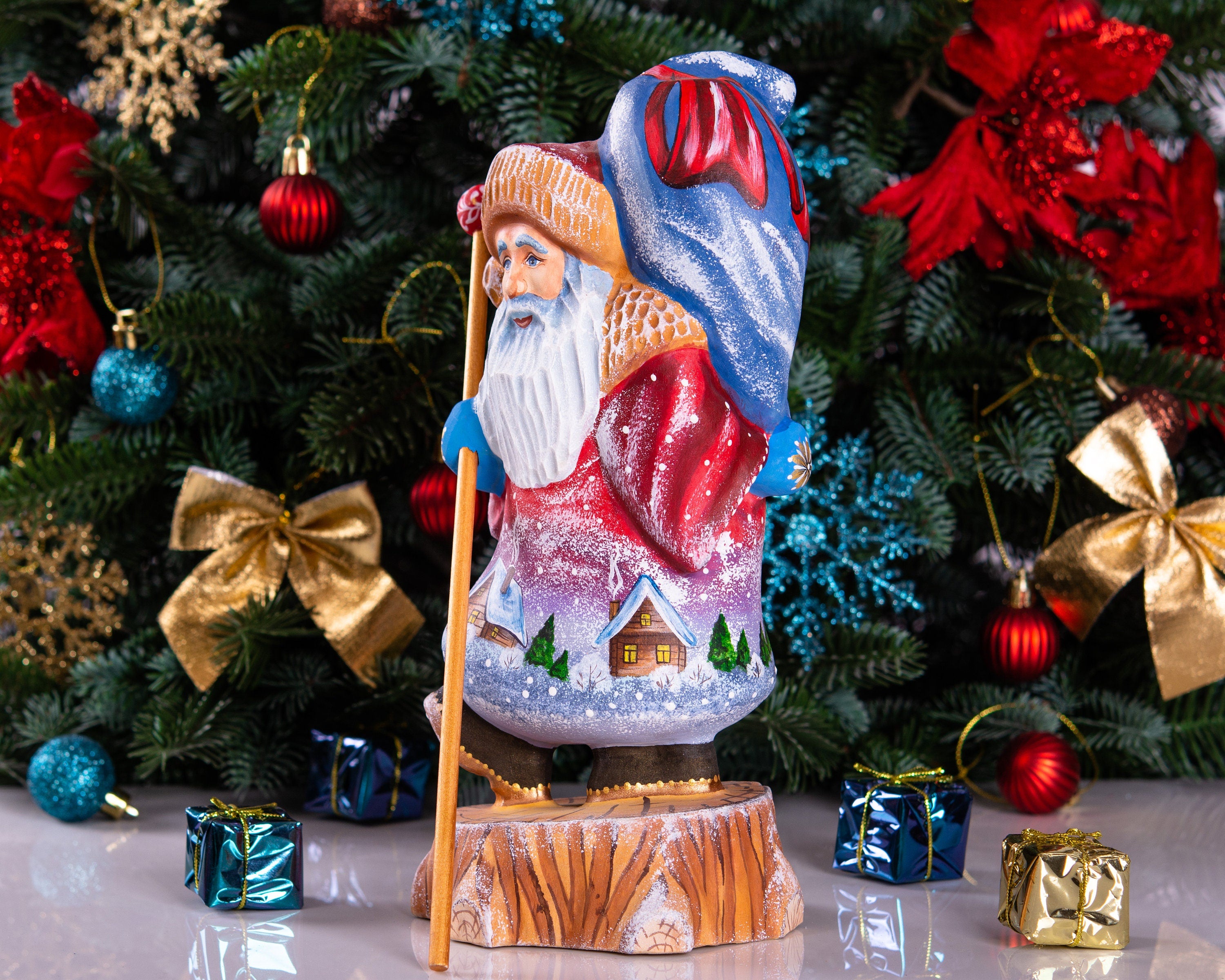 Hand carved Santa Claus figurine 10 inch, village landscape, holiday table centerpiece